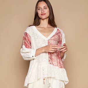 POL Cream and Pink Lace Patchwork Top